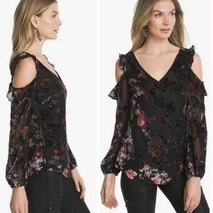 White House Black Market WHBM Velvet Burnout Cold Shoulder Blouse Black Size 4